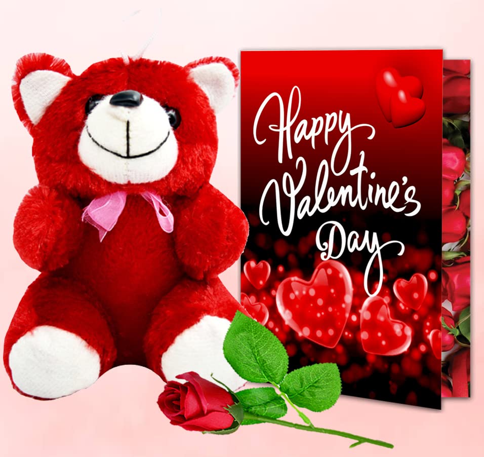 Valentines Gift Hamper for Girlfriend/Boyfriend|Rose Day, Chocolate Day, Hug Day Gift|Romantic Gift| Valentine's Week Day Gift-Soft Red Teddy, Love Greeting Card & Artificial Red Rose