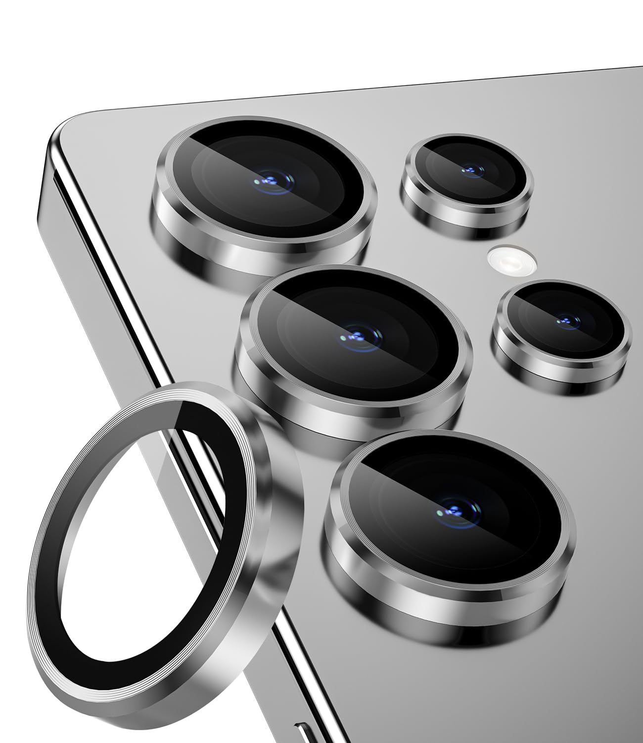 CloudValley for Samsung Galaxy S25 Ultra Camera Lens Protector, 9H Tempered Glass + Aluminum Alloy Individual Lens Protective Ring, [1 Second Installaion] Ultra-HD Glass Cover,Titanium Silver