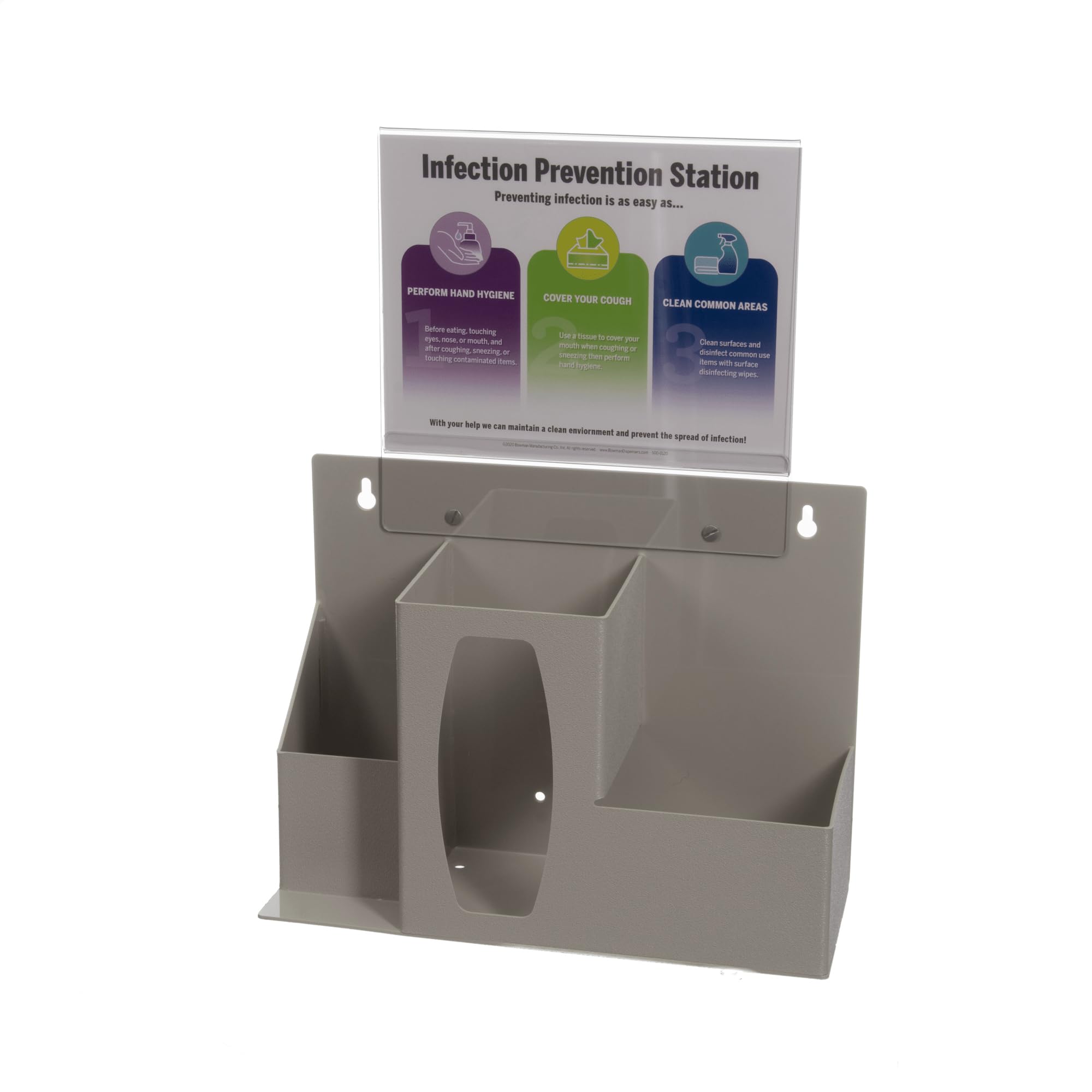 Infection Prevention Station: Holds 1 Bottle, 1-2 Boxes Tissue or 1 Glove Box, & canisters. 11x 8.5" Sign Holder w/Signage. Keyholes to Wall Mount, on Counter or Bowman® Floor Stand Quartz Beige ABS