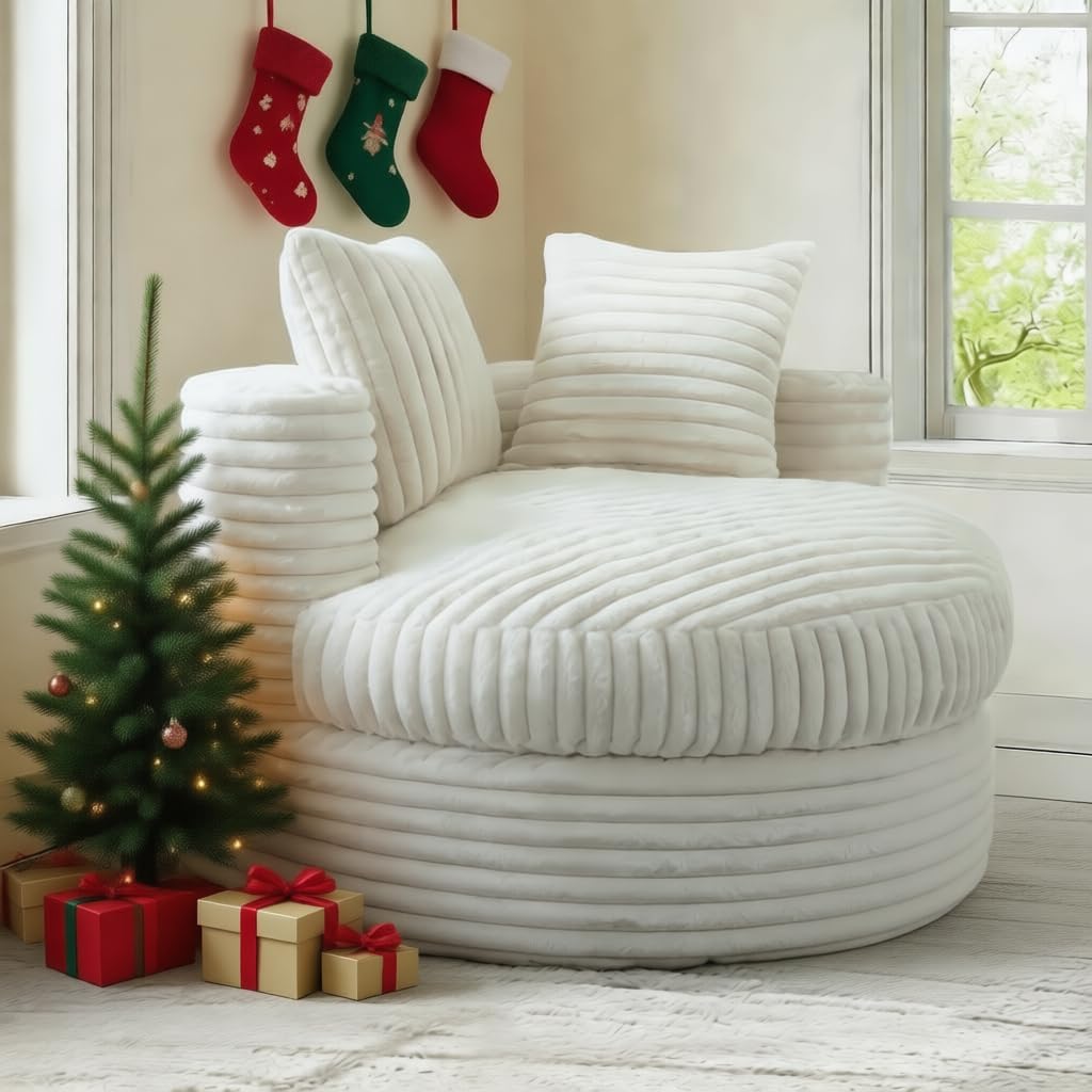 ​47" Round Lounge Chair-with Thick Cushion, Removable Cover & 2 Pillows – Soft Corduroy Fabric, Cozy for Living Room or Bedroom​ Comfy Bean Bag Couch