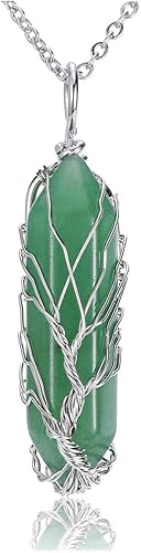 PESOENTH Collar con colgante de cuarzo transparente de cristal curativo de reiki, con alambre de plata, piedras preciosas hexagonales, prisma