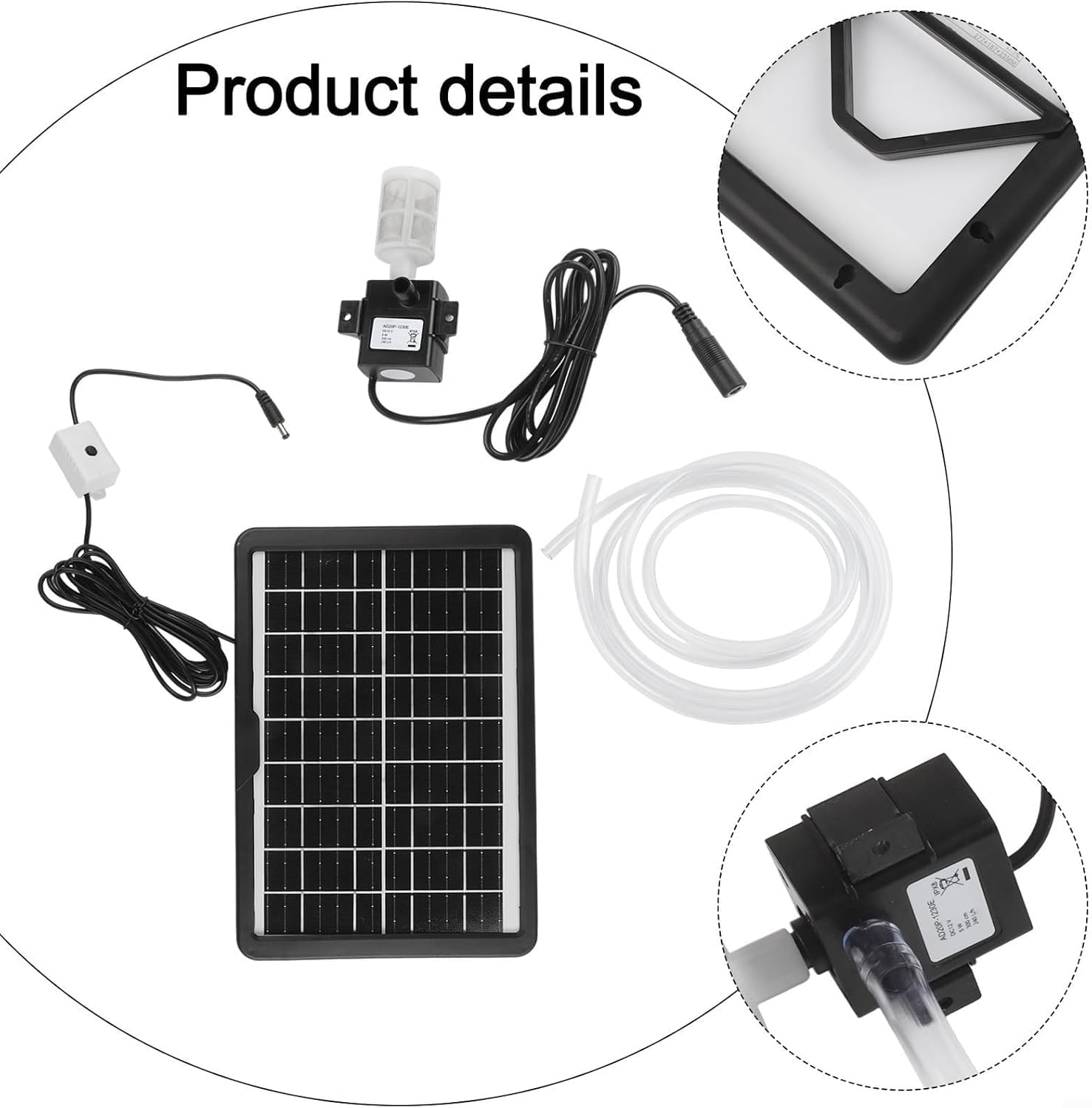 Bomba de Agua Solar para Estanque Exterior, Bomba Sumergible 12V DC 240L/h con Panel Solar 6W/9V y Tubo de 200cm, Kit Completo para Fuentes, Peceras y Jardines