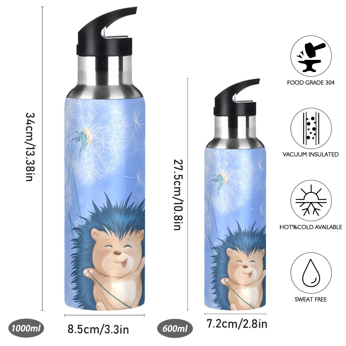 Edelstahl Wasserflasche mit Strohhalm, Igel fröhlich isolierte Trinkflasche Sport Wasserflasche für Kinder Erwachsene, auslaufsicher, 1L