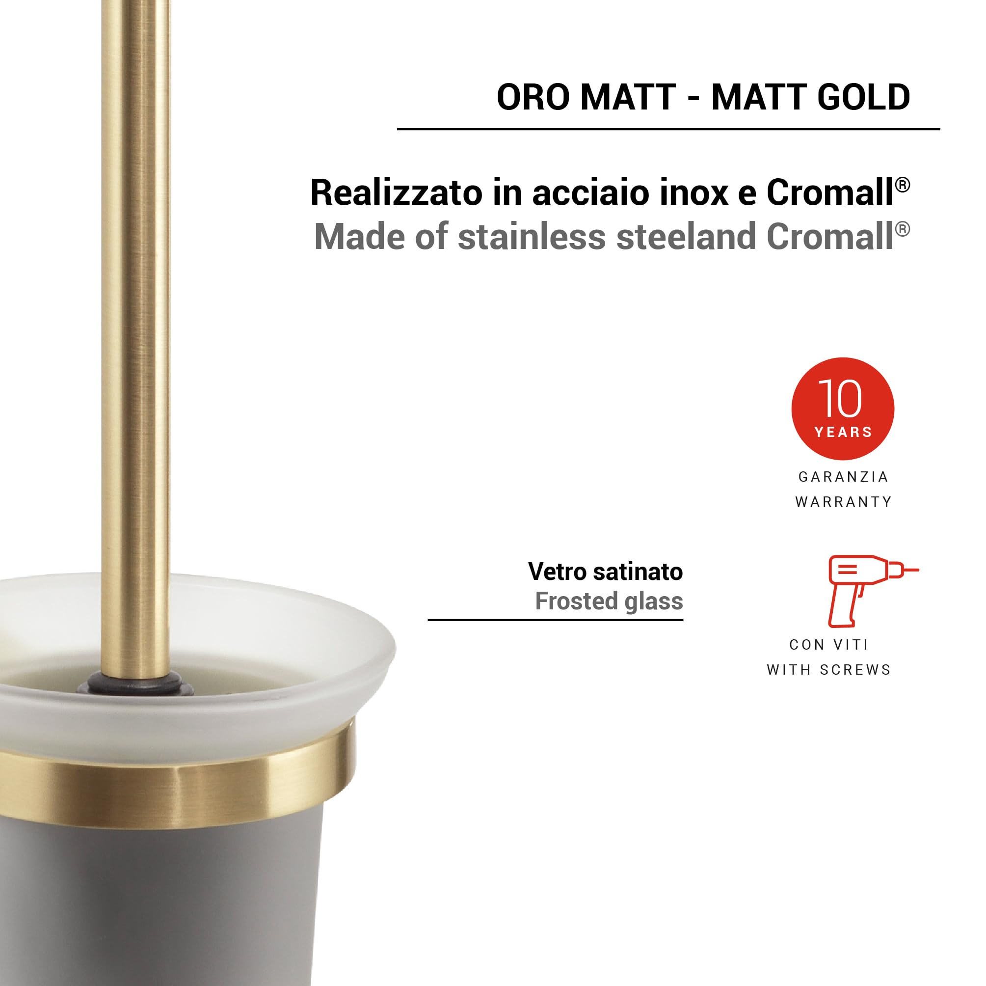 GEDY | Scopino WC Tonale, Scopettino Bagno in Acciaio Inox, Cromall e Vetro Satinato, Fissaggio con Viti Incluse, Oro Matt, 35,8x11,2x13,4cm
