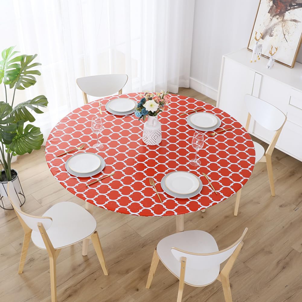 Yougang Red Round Elastic Table Protector Wipeable 48/60/72In Tablecloth With Flannel Backing,Waterproof Pvc Table Cloth For Dining Kitchen Picnic Party (,72In)