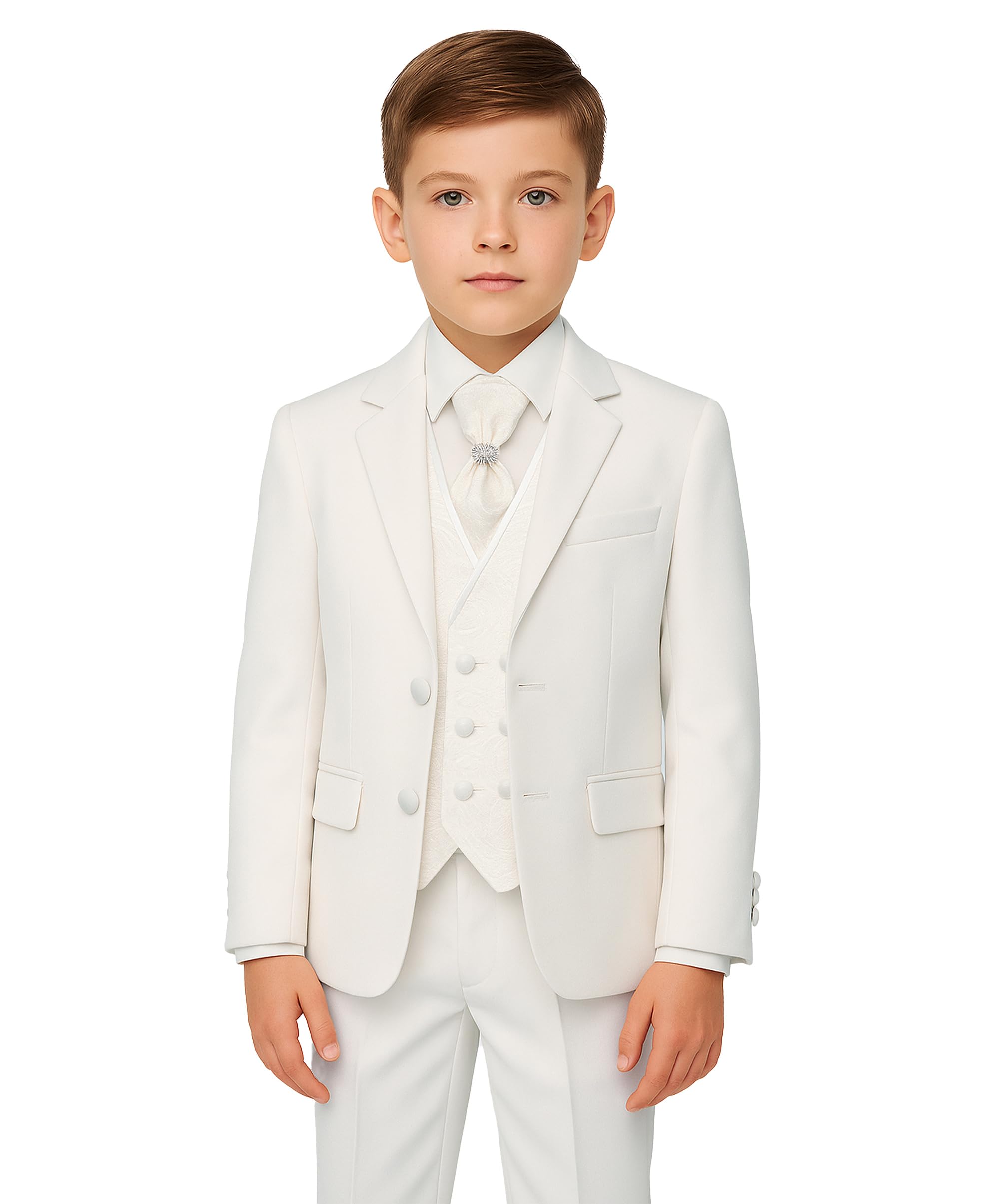 Costume Luxueux 5 pièces Ivoire pour garçon avec Gilet croisé - Ensemble de baptême de Communion Coupe Slim, 1 à 16 Ans