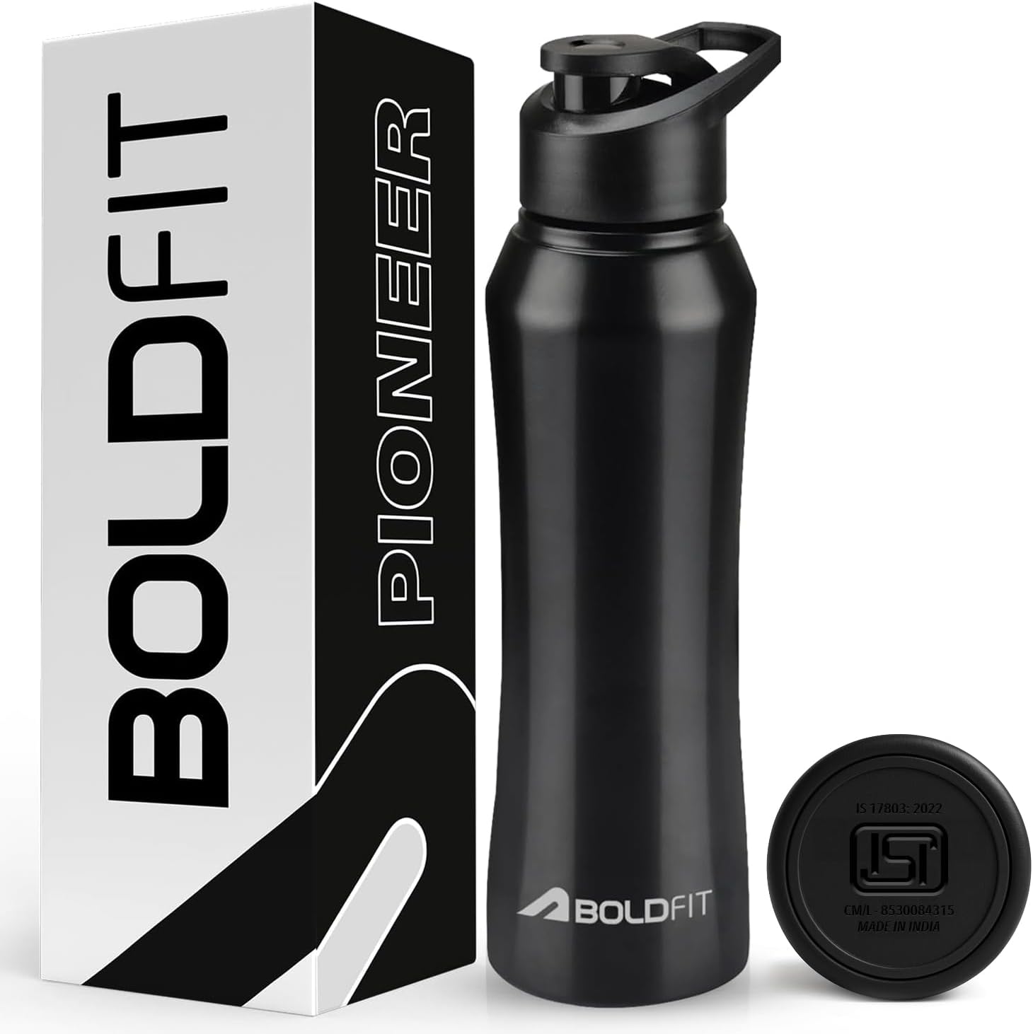 Boldfit Stainless Steel Water Bottle 1 Litre, Leakproof, Rust Free, 1000 ml, Black, Reusable, Pioneer Style, Perfect for Office, Gym, Travel, Outdoor Activities