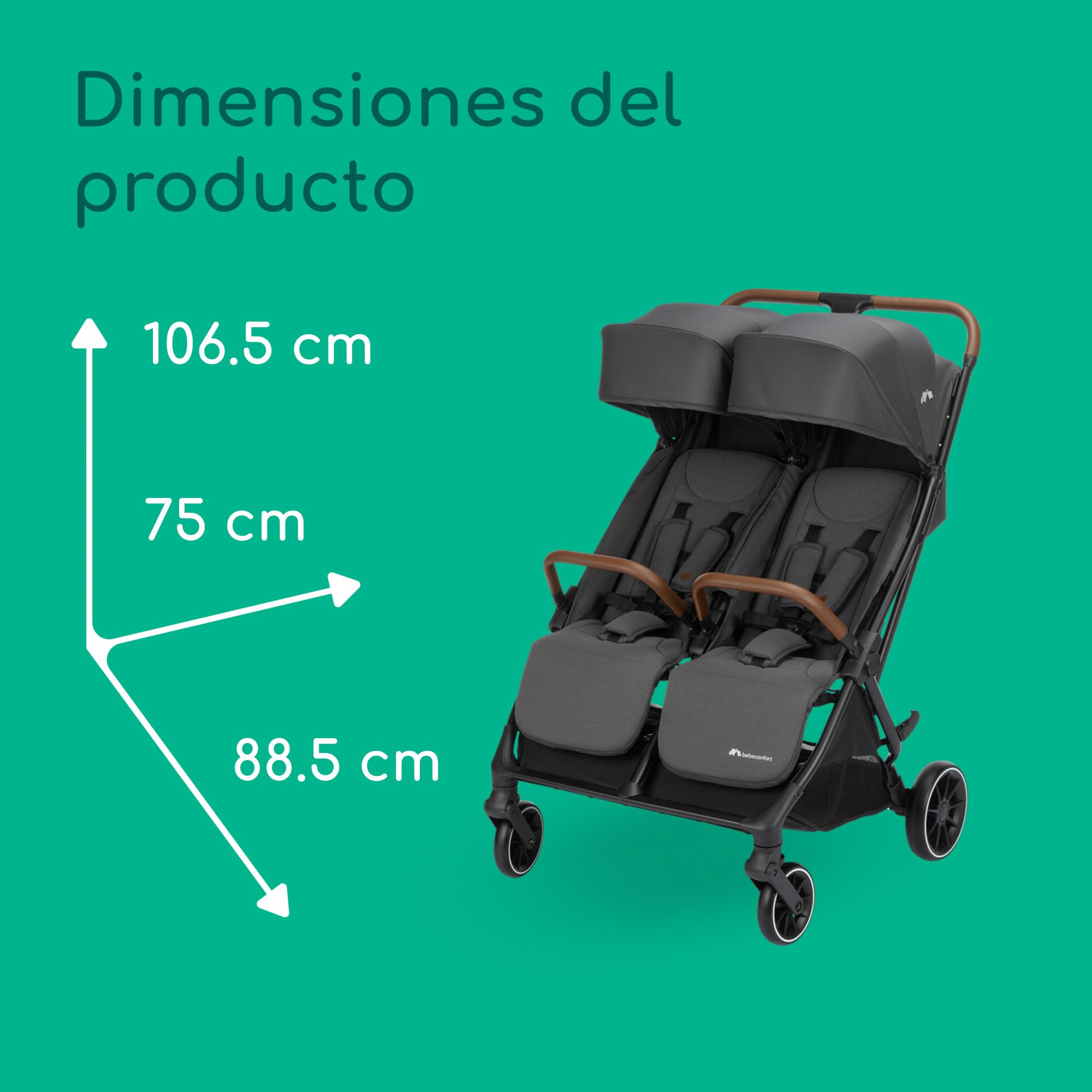 Bebeconfort Mane, Carrito Gemelar, 0-22 kg, Plegado Automático, Reclinación Total, Barras De Seguridad Giratorias, Arnés 5 Puntos, Ventana De Malla, Burbuja Impermeable, Cesta (8 kg), Mineral Graphite