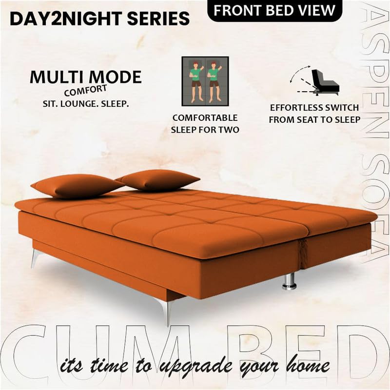 Image of Adorn India Premium New Aspen 3 Seater Sofa Cum Bed 4X6 Velvet Suede with 2 Cushions (Color Orange) and Suitable for All Indoor, with 3 Years Warranty