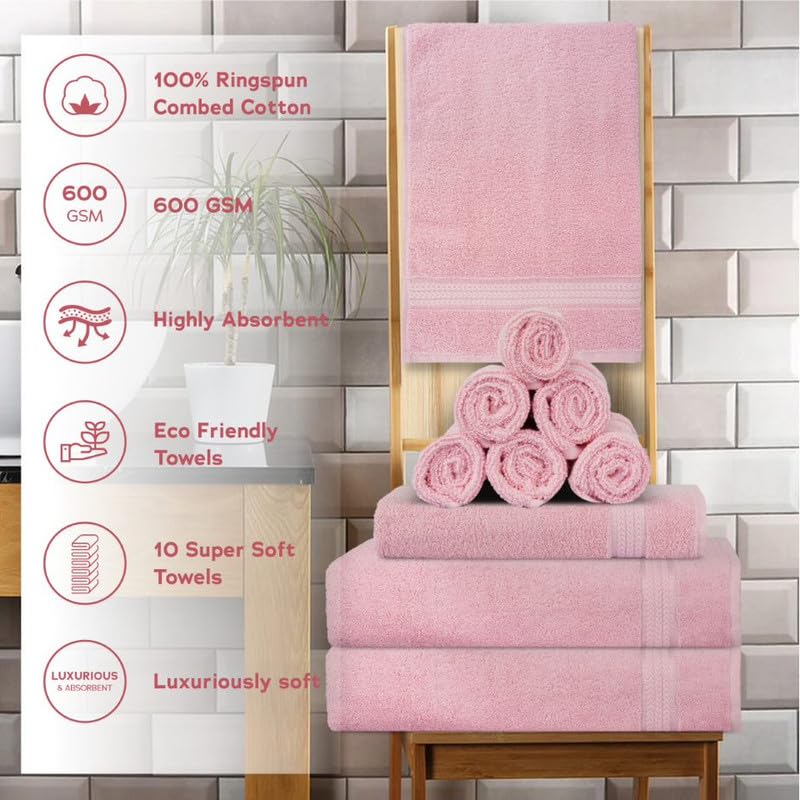 Super Soft 600 GSM Cotton Towels Set by Sweet Needle, Pink, 2 Bath Towel, 2 Hand and 6 Wash/Face, Double Pile - Image 2