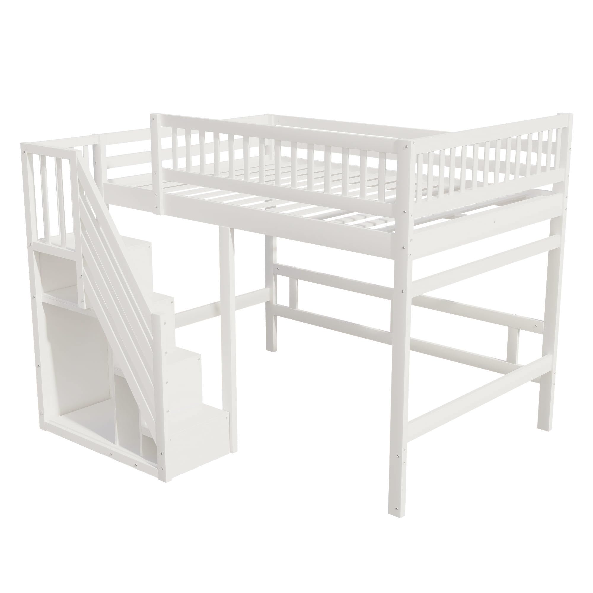 Etagenbett 140x200, Kinderbett Hochbett mit Treppe und Aufbewahrungsschrank, Funktionsbett Doppelbett Stockbett Spielbett Kinderhochbett Jugendhochbett mit Lattenrost, Massivholz, Ohne Matratze, Weiß