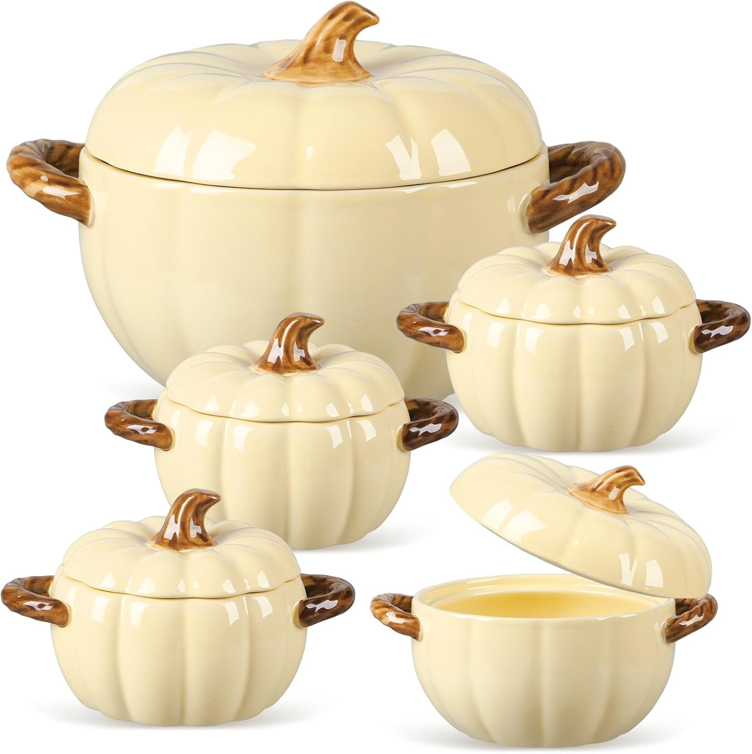 Set of 5 pumpkin ceramic bowls with lids (cream yellow)