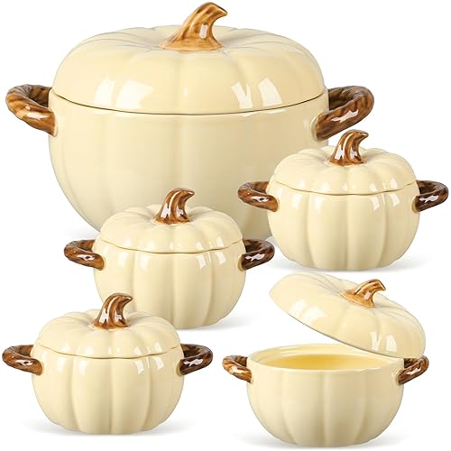 Maxdot Set of 5 Ceramic Pumpkin Bowls with Lid and Handles Pumpkin Shape Soup Serving Pot Storage Jar for Fall Thanksgiving Halloween Party Kitchen Dessert Decoration 17Oz & 54Oz(Cream Yellow) - Cream yellow
