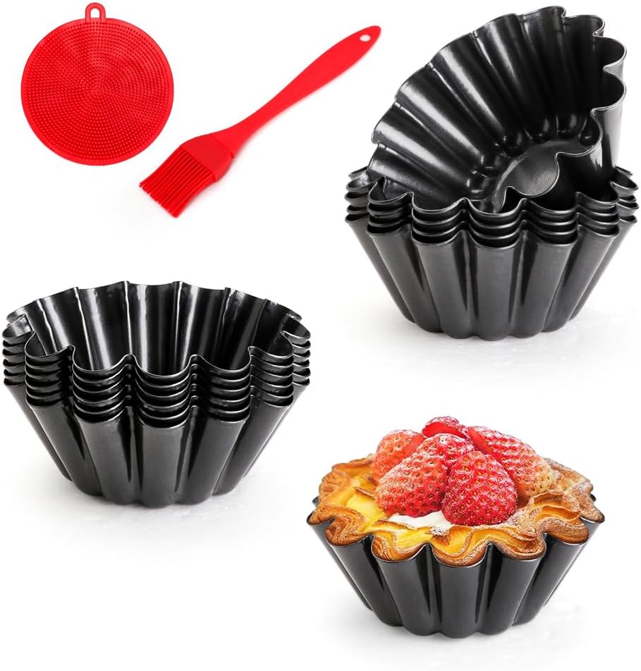 12 pcs Egg Tart Molds, 3.6" Mini Tart Pans, 1.2'' Deep Non-Stick Carbon Steel Mini Tart Panw/Oil & Dish Brushes for Cupcake Cake Muffin Mold Tin Pan, Baking Set Tool
