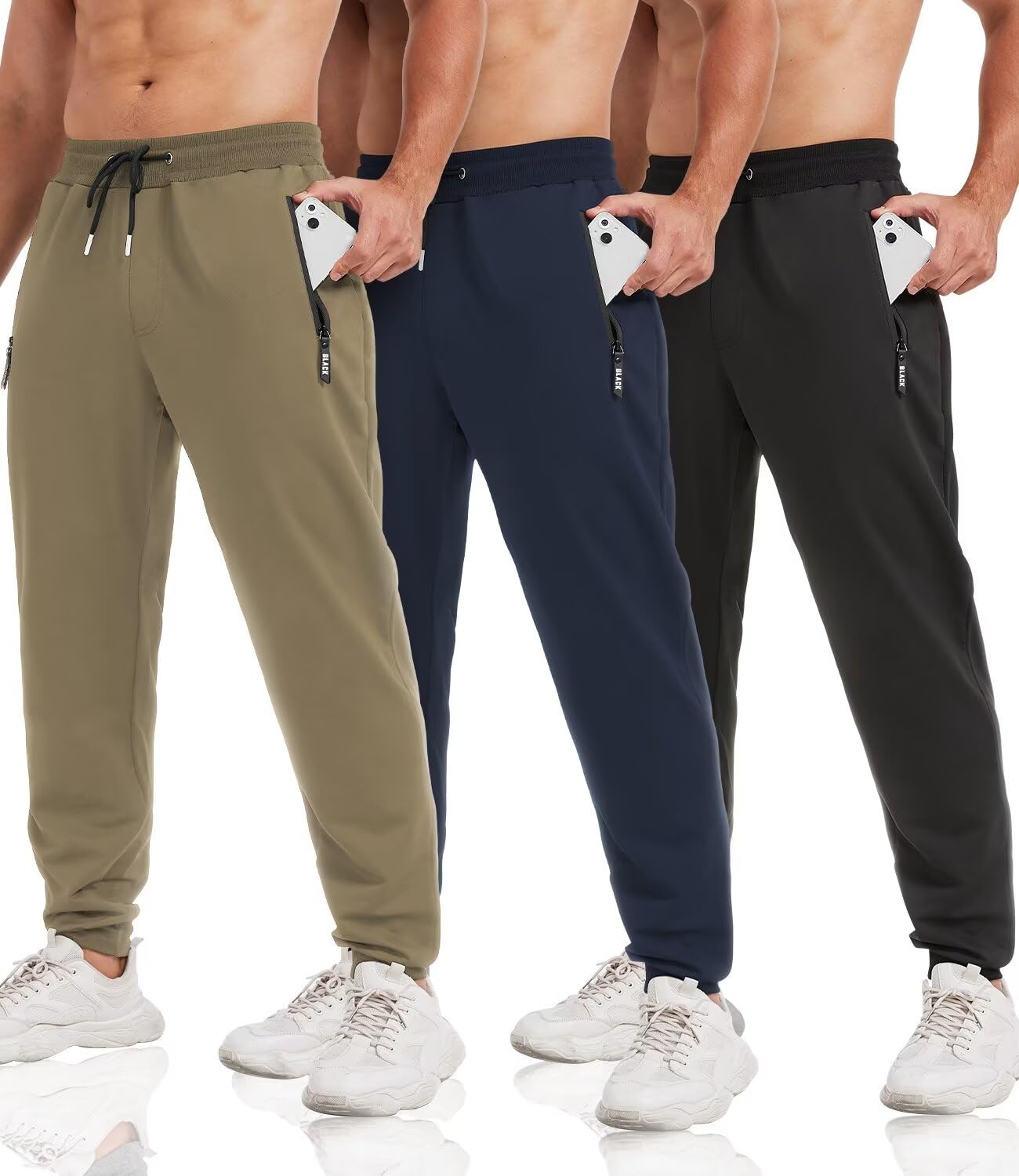 lomsoe 3 Pack Sweatpants for Men Tapered Mens Joggers Pants with Zip Pockets Slim Fit Running Gym Sweat Pants Gifts for Men