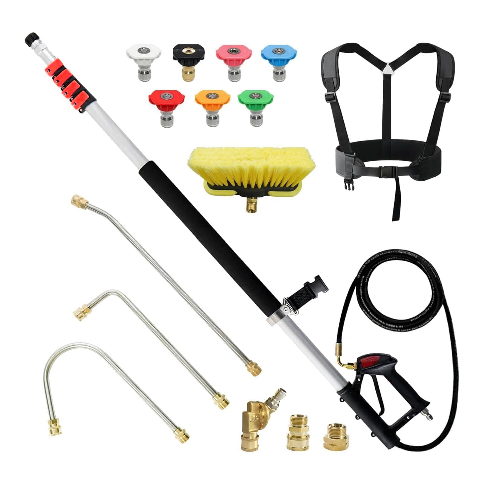 Tubo de extensión telescópico de 24 pies con cabezal de cepillo, 2 tubos de extensión de limpiador de alta presión, accesorio de limpieza de canalones, 7 boquillas de pulverización, cinturón de