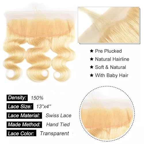 Miniatura 5 de Aopusi 3 paquetes de cabello humano rubio decolorado 613 con encaje frontal transparente de oreja a oreja con encaje frontal brasileño ondulado 10A,