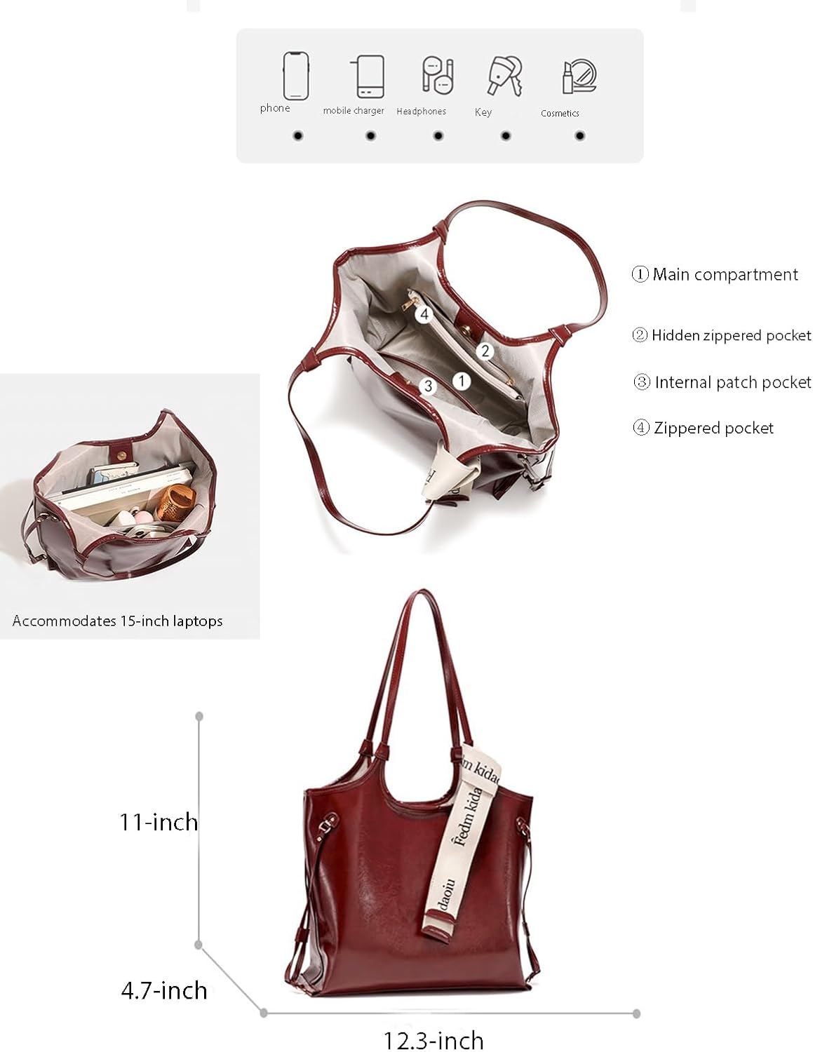 Womens Shoulder Bag Burgundy Top Handle Handbag Trendy Designer Leather Tote Bag