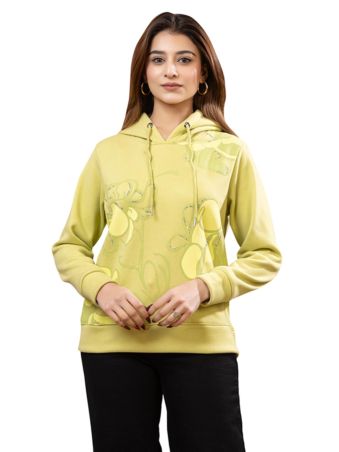 arish Women's Lime Green Floral Embellished Hoodie with Sequin Work, Soft Imported Fleece, Pullover Style-picture-15