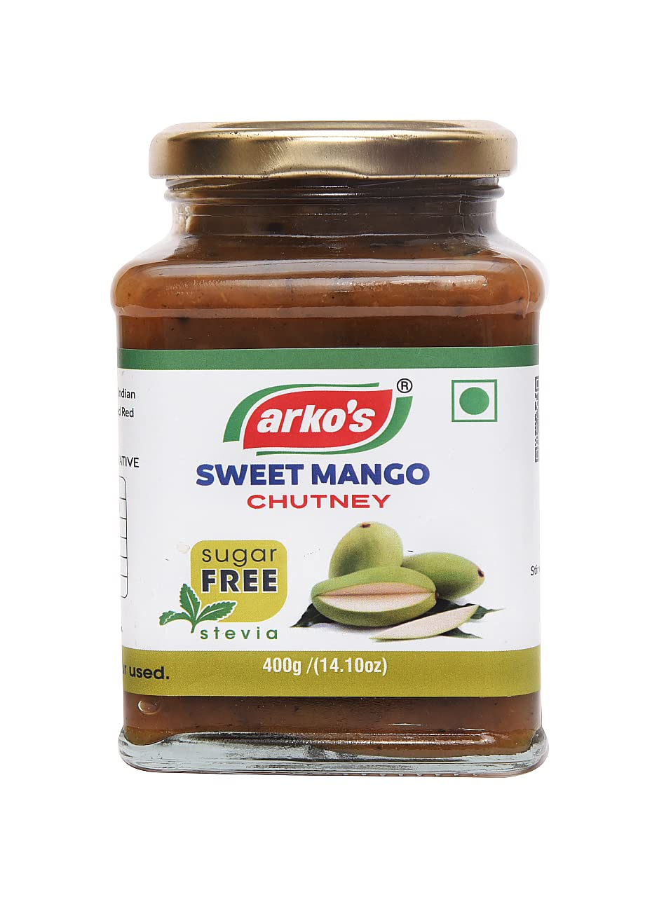 Arkos Homemademade Sugar Free sweet mango Chutney 400gm, Indian Traditional Hot, Tangy, Sour, & Spicy aam ka Chutney with 100% natural ingredients,No Artificial Flavours AND Color,Oil free,Gluten Free ,Use Stevia instead of Sugar for Sweetness