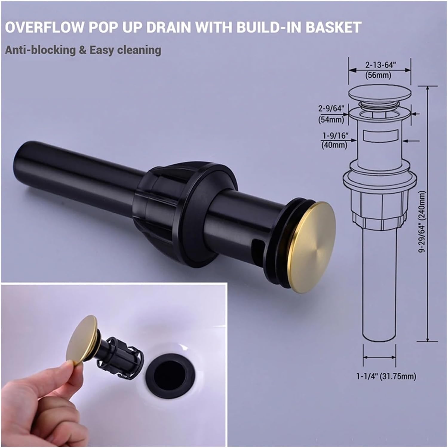 Tapón emergente para fregadero, tapón para lavabo, Drenaje del tapón del lavabo Drenaje del lavabo Negro/Níquel cepillado/Cromo/Oro rosa Fregadero del baño Empuje hacia abajo Desagües emergentes con d