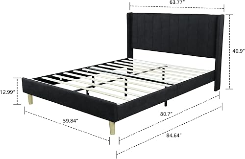 Miniatura 2 de Cama de plataforma tapizada de perfil bajo, camas matrimoniales con negro (lino)