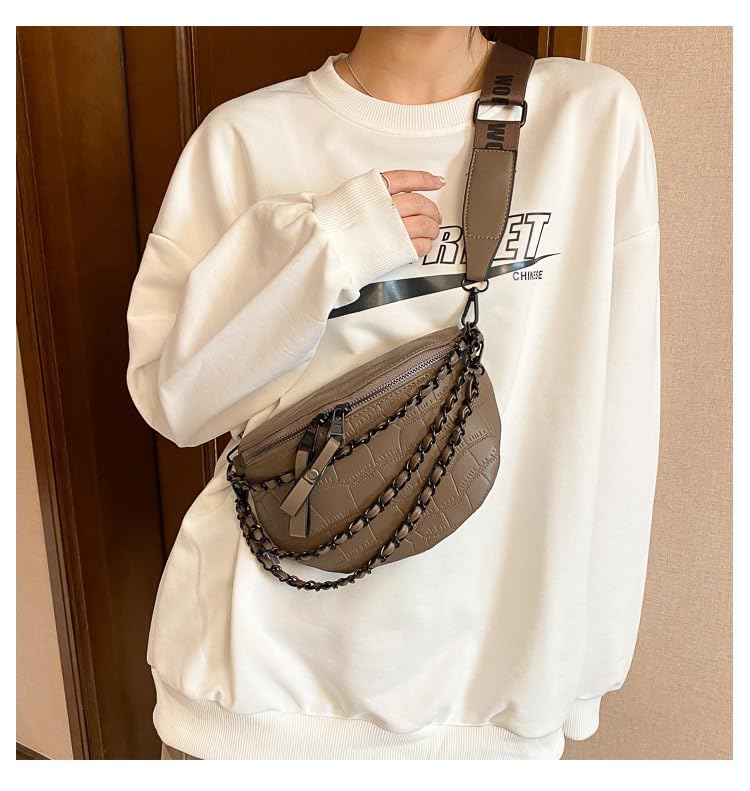 Image of Leather Fanny Pack Bag for Women, Chain Belt Bag Chest Purse Fashionable Crossbody Waist Bags Handbag for Everyday Use Trip Walking Hiking