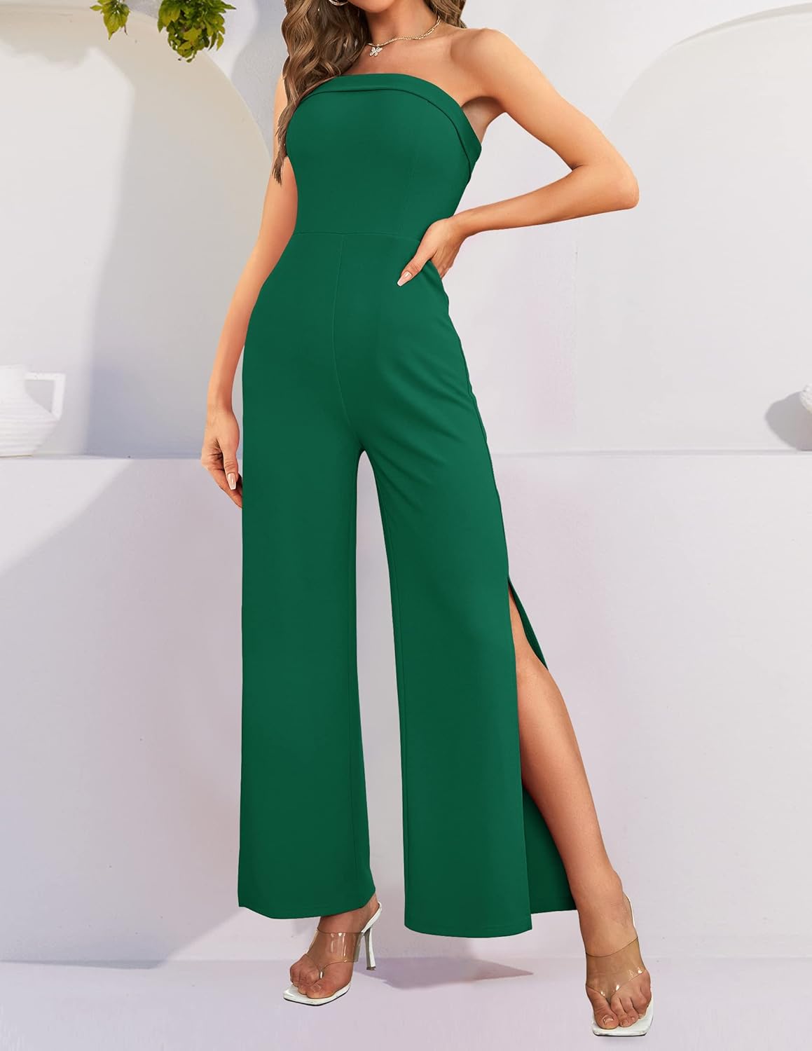 ZESICA Women's Strapless Jumpsuit Casual Off Shoulder High Waist Wide Leg Side Slit Long Romper Playsuits with Pockets - Image 4