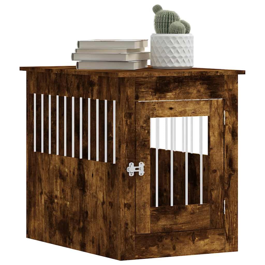 Hundekäfig Möbelstil Räuchereiche 55x80x68 cm Holzwerkstoff mit Stahl, abschließbare Tür, Belüftung, Indoor Outdoor Hundehütte als Rückzugsort und Beistelltisch für Hunde bis 50 kg