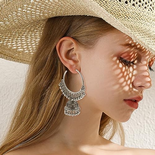 Dangle Retro Indian Jhumki Bell Huggie Hoop Statement Earrings Bollywood Oxidized Traditional Jhumka Style Drop Big Open Hoops Earring Boho Jewelry Gift for Women Bff3