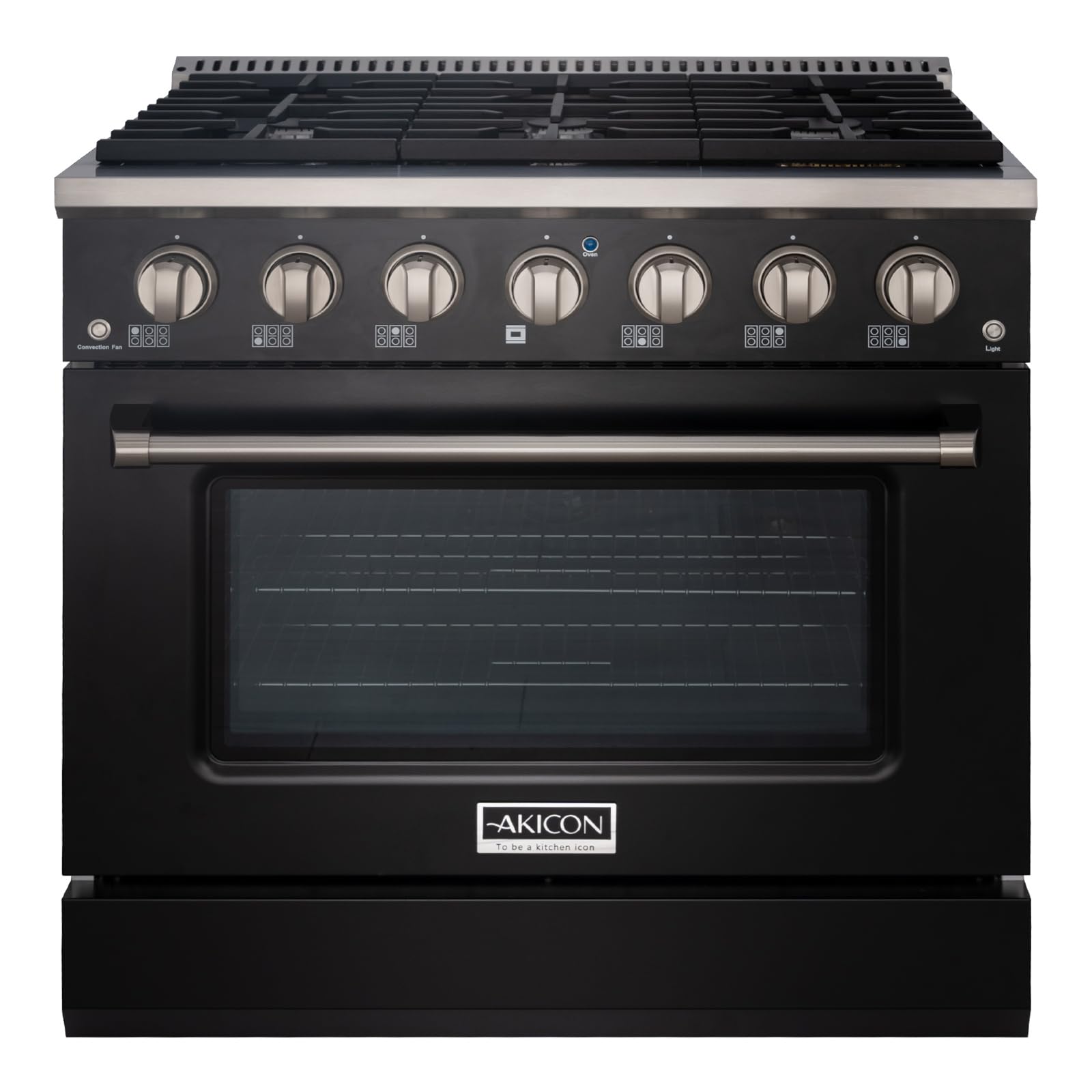 Akicon 36" Slide-in Freestanding Professional Style Gas Range with 5.2 Cu. Ft. Oven, 6 Burners, Convection Fan, Cast Iron Grates, &amp; Blue Porcelain Oven Interior, In Black with Stainless Steel