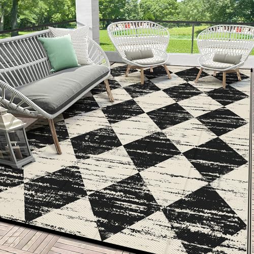 HEBE Checkered Outdoor Rug Waterproof 8x10, Reversible Plastic Straw Rug RV Camping Rug, Indoor Outdoor Patio Mat Clearance, Outside Carpet for Porch, Deck, Camper, Balcony, Backyard, Picnic