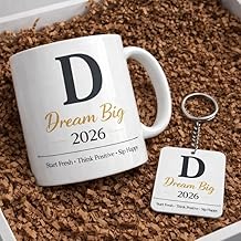 D Alphabet Coffee Mug with Keychain Combo | Dream Big Theme | 2026 New Year Theme with Alphabet-Based Design | Motivational Gift