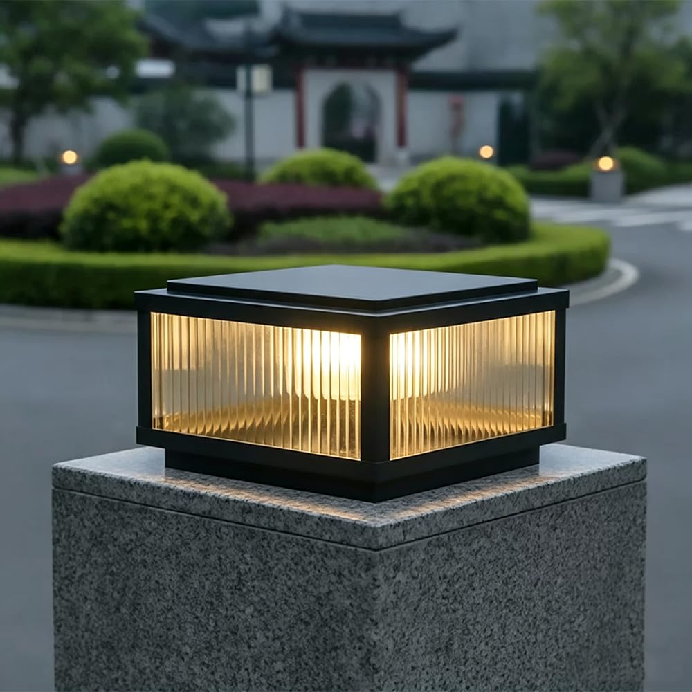 Lámpara de Pilar Exterior E27 Luz Poste Aluminio Negro Vidrio Jardín Puerta