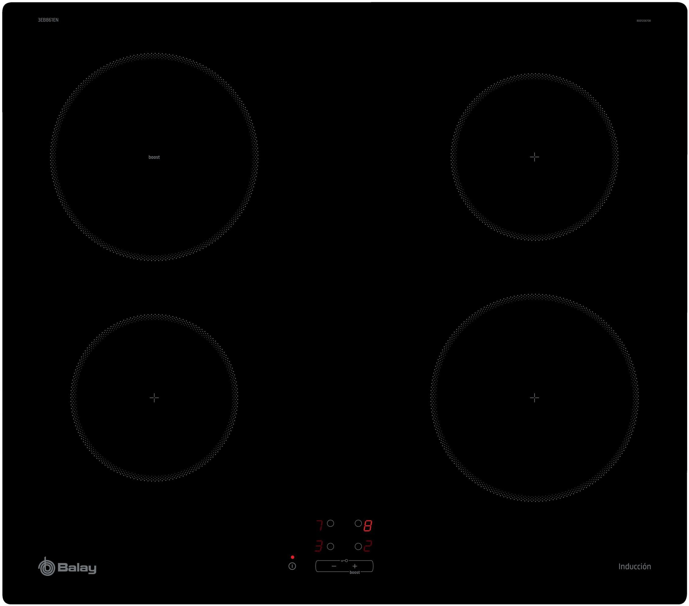 Balay - Placa de Inducción, 60 cm, 4 zonas de inducción con función Sprint, Control táctil y Programable, Negra, 3EB861EN