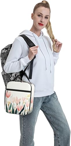 Vista 211 de SUPLUCHOM Lonchera vintage con diseño de hojas de hongos y bosque, bolsa aislada reutilizable con bolsillo lateral para el trabajo, escuela, picnic