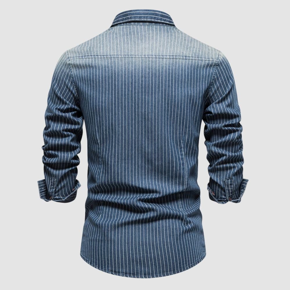 Camicia da uomo a maniche lunghe in denim a righe slim fit lavato vintage slavato multitasche