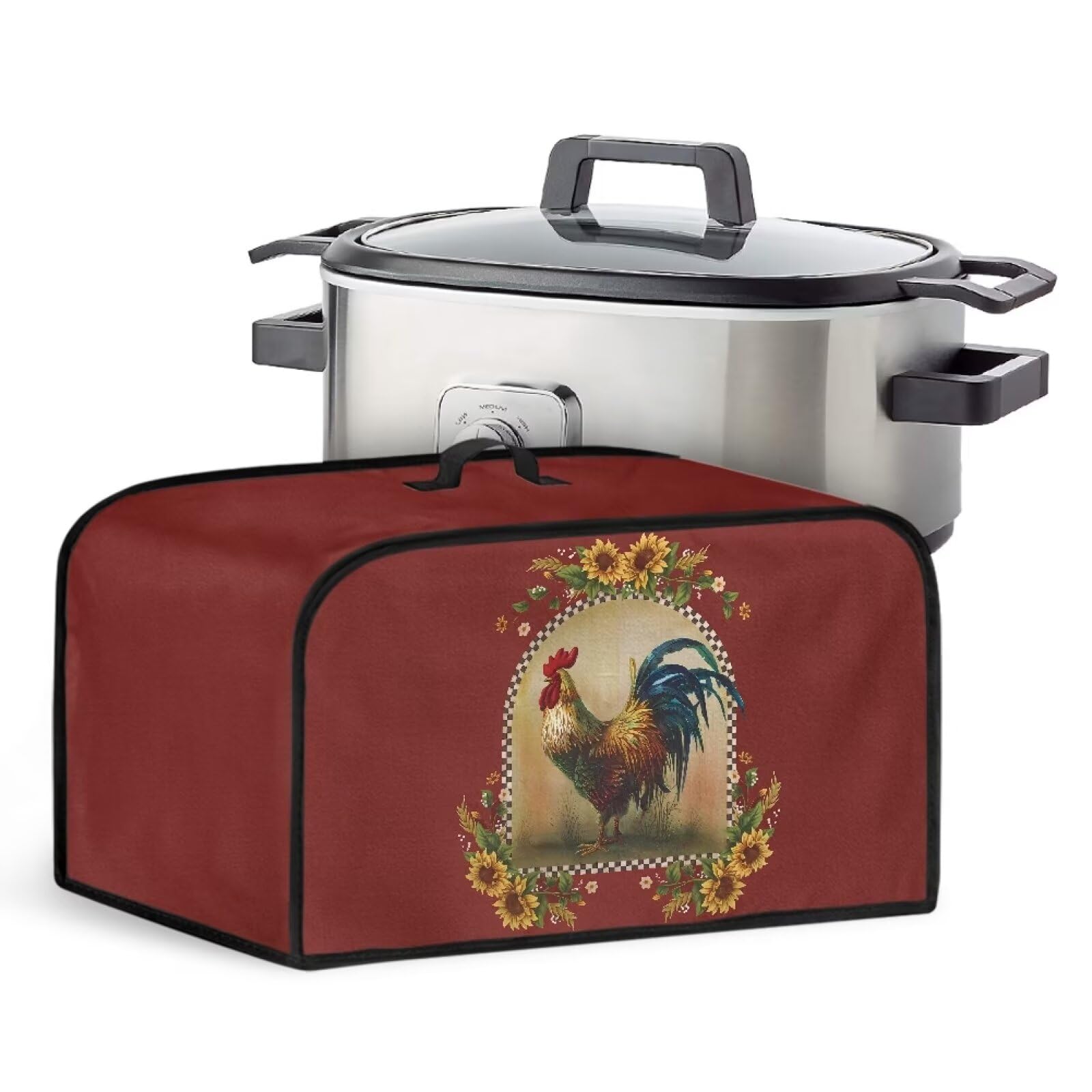Rooster Sunflower Slow Cooker Dust Cover Splash Resistant Oval Cover with Handle and Side Pockets for 6-8 Quart