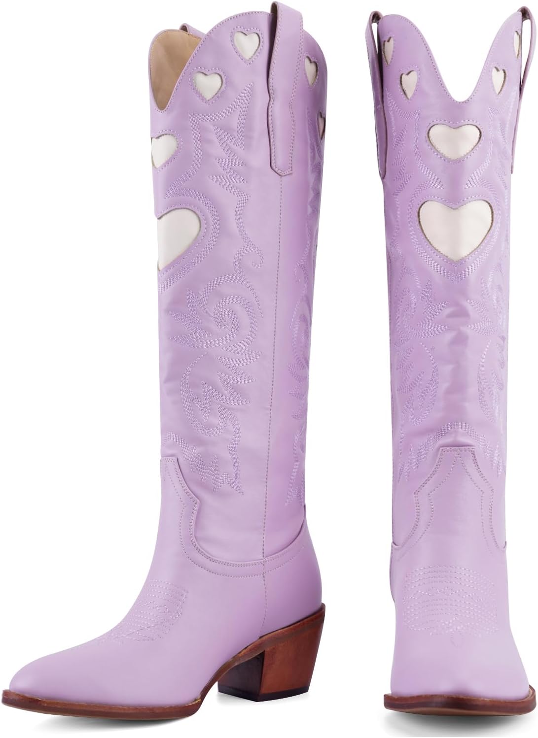 Cowboy Boots for Women Wide Calf Round Toe Chunky Stacked Heel Knee High Cowgirl Boot Heart Pattern Classic Embroidered Tall Western Booties Pull on