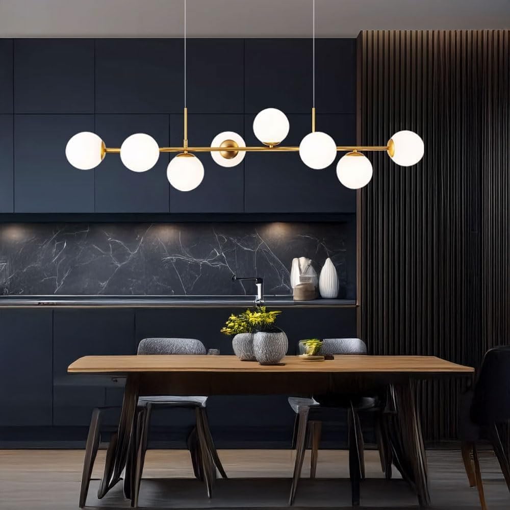 Nordic Modern Gold Linear Long Light Globe Chandelier, E27 Brass Finish Pendant Lighting, with Milky White Glass LampShades Lighting Fixture, for Dining Room Kitchen Island Living Room(146CM)