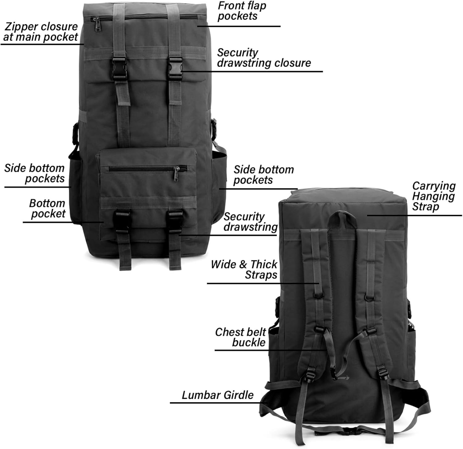 Camping Hiking Military Tactical Backpack, 120L Water Resistant Large Travel Daypacks Outdoor Rucksack 32.68x15.75x15.75