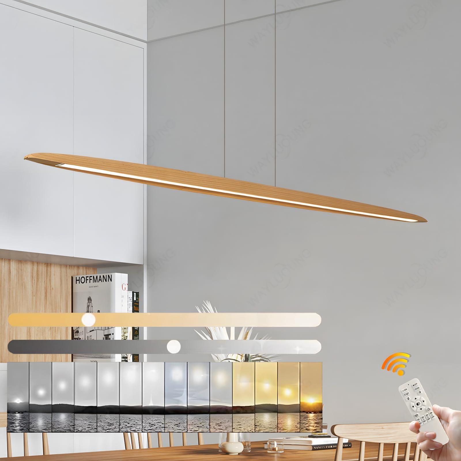 YYUTLUO Lámpara Colgante De Madera LED, Lámpara Colgante Para Mesa Comedor, Regulable Con Control Remoto, Lámpara Colgante Altura Ajustable Diseño Lineal Moderno Lámpara Colgante Para Oficina (130cm)