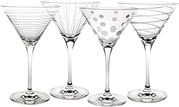 Mikasa Cheers 10-Ounce Martini Glasses, Fun Etched Designs, Durable Clear Glass Cocktail Glassware, Set of 4, Perfect for Entertaining and Gifting