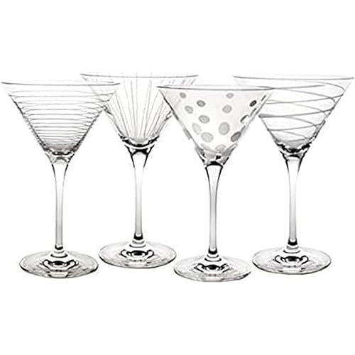 Mikasa Cheers 10-Ounce Martini Glasses, Fun Etched Designs, Durable Clear Glass Cocktail Glassware, Set of 4, Perfect for Entertaining and Gifting