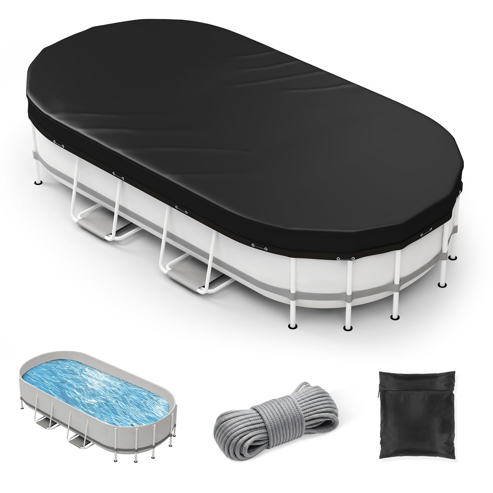 Oval Pool Cover 12 x 24 FT, Upgraded 420D Heavy Duty Oxford Fabric Pool Covers for Above Ground Pool with Winch and Cable, All Season Inflatable Pool Cover for UV Resistant, Waterproof and Dustproof