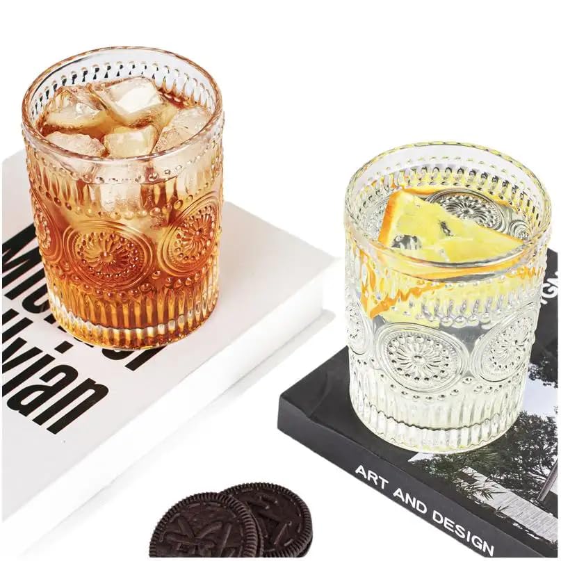 Image of Whiskey Glasses Set of 2 pcs- 300 ml Bar Glass for Drinking Bourbon, Whisky, Scotch, Cocktails, Cognac- Old Fashioned Cocktail Tumblers (2, Embossed)