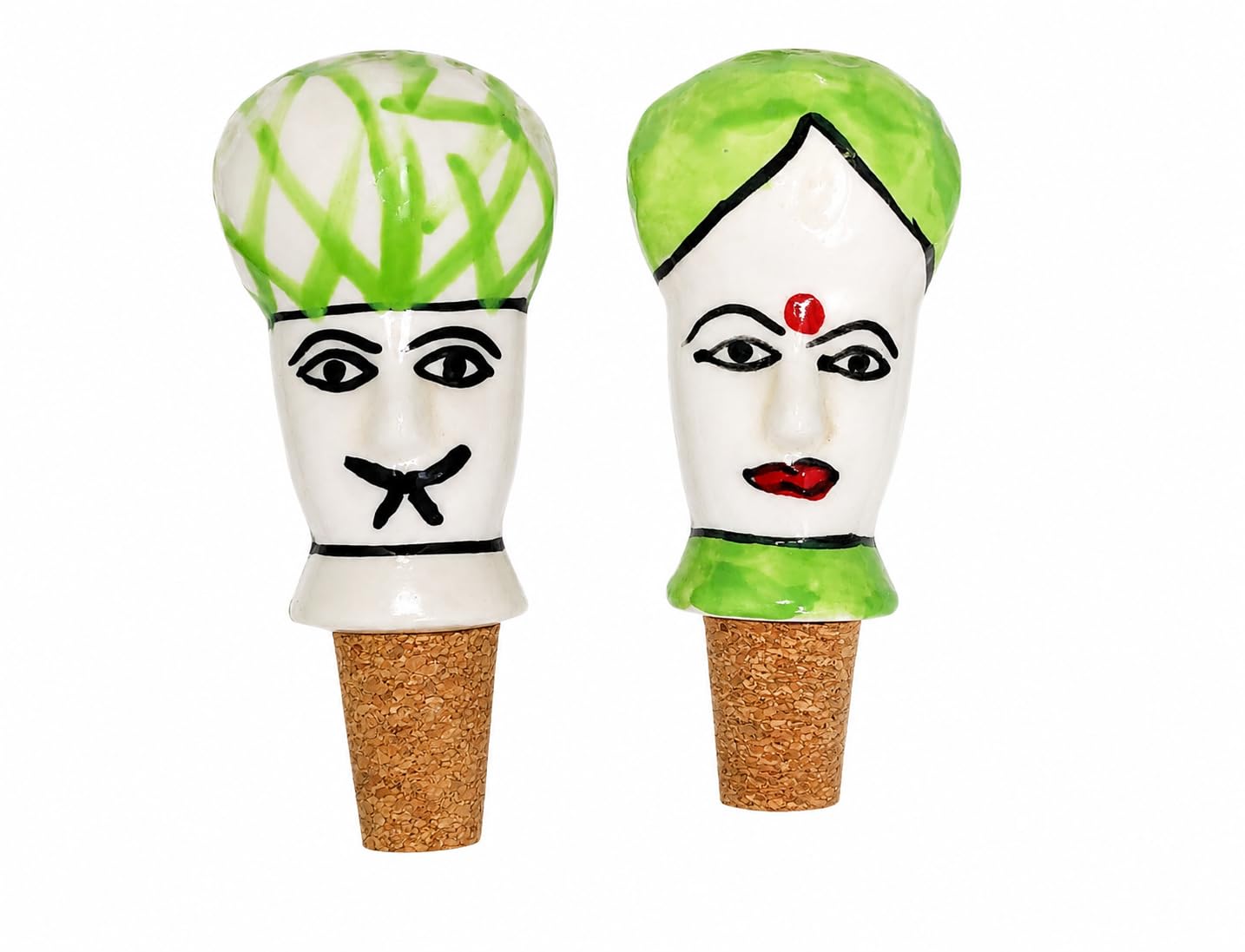 Handcrafted Ceramic Wine Bottle Stopper Set of 2 | Decorative Rajasthani Couple Cork Bottle Sealer | Reusable Bottle Cork for Wine, Olive Oil & Beverage Bottles | Handmade Multicolor-image-31
