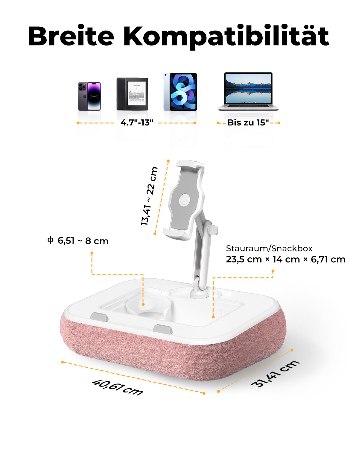 SupeDesk Supporto per Kindle, supporto per tablet, supporto per Kindle, compatibile con cellulare da 4,7 – 15", supporto per laptop con tappetino per mouse, snack, portabicchieri e braccio girevole a