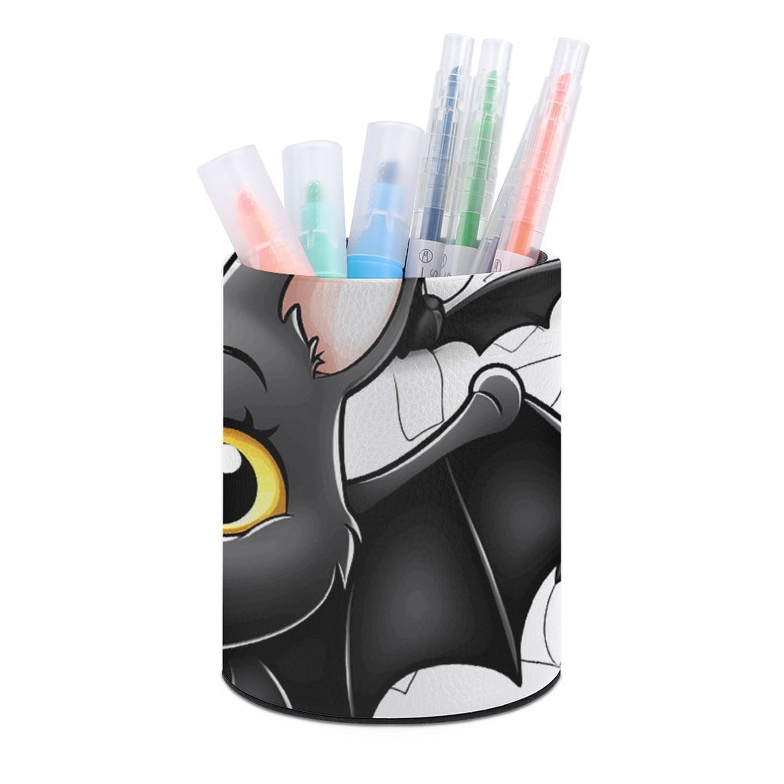 DWVTSLH Aesthetic Pen Holder for Desk - Modern Leather Pencil Holder - Stylish Round Makeup Brush Holder - Cute Bat Pen Cup Cute And Functional Desk Organizer for Office Supplies