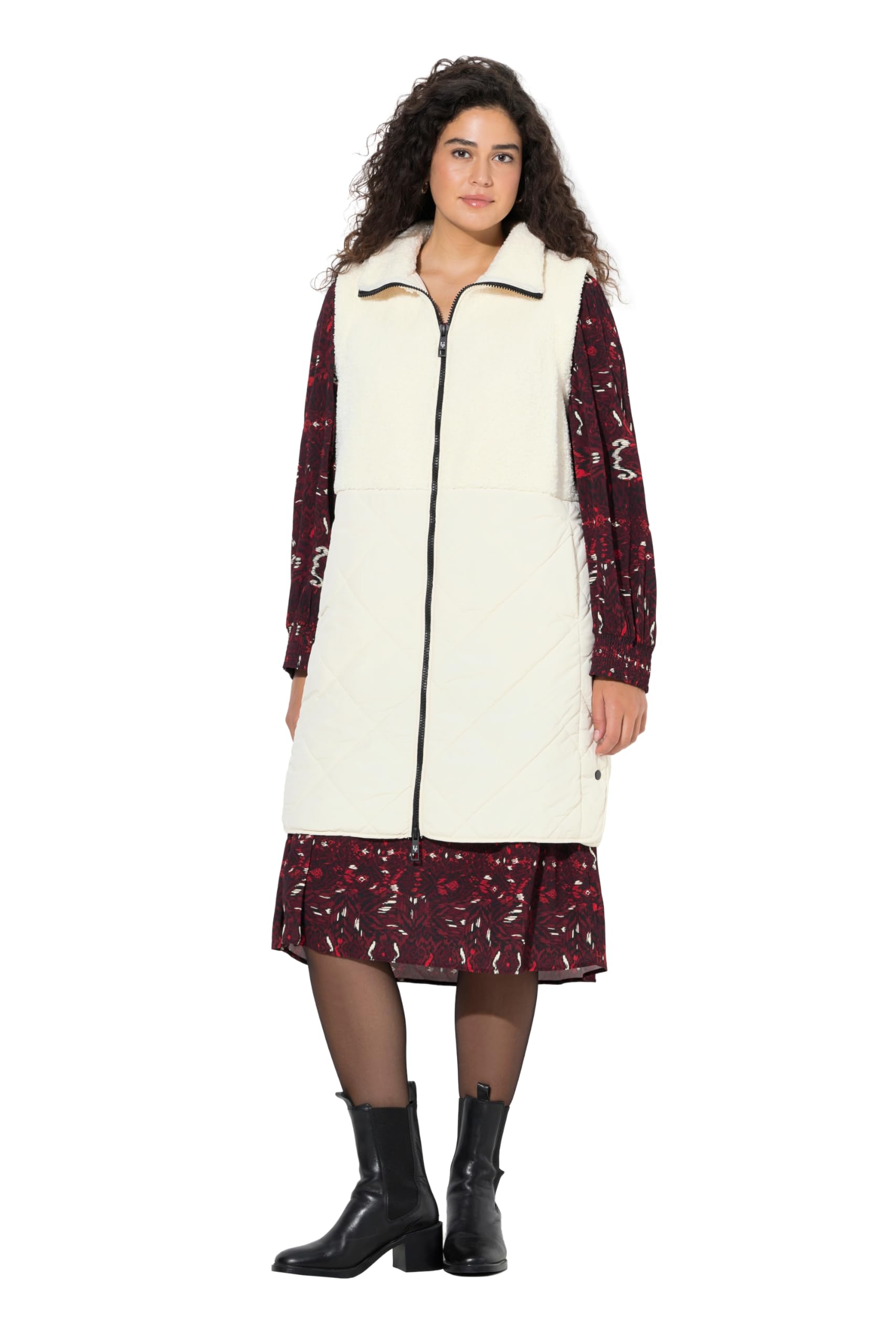 Ulla Popken Damen große Größen Übergrößen Plus Size Long-Weste, Teddyfleece/Stepp, Seiten-Druckknöpfe 842932